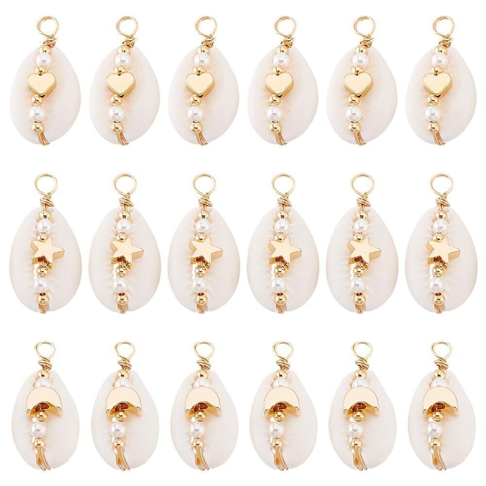 9411 18 Pcs 3 Styles Shell Pendants Charms, Copper Wire Wrapped Brass Bead